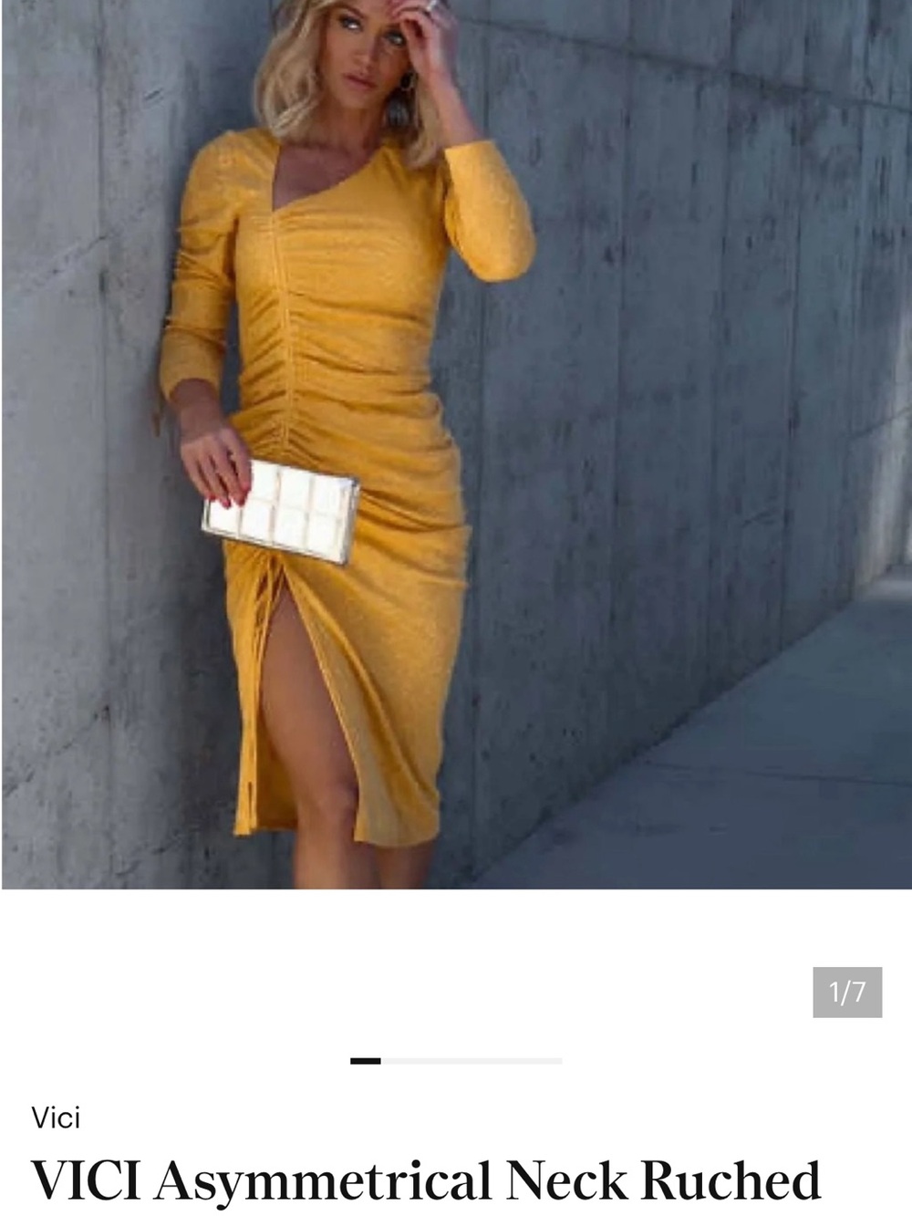 VICI Ruched Asymmetrical Midi Dress in Mustard